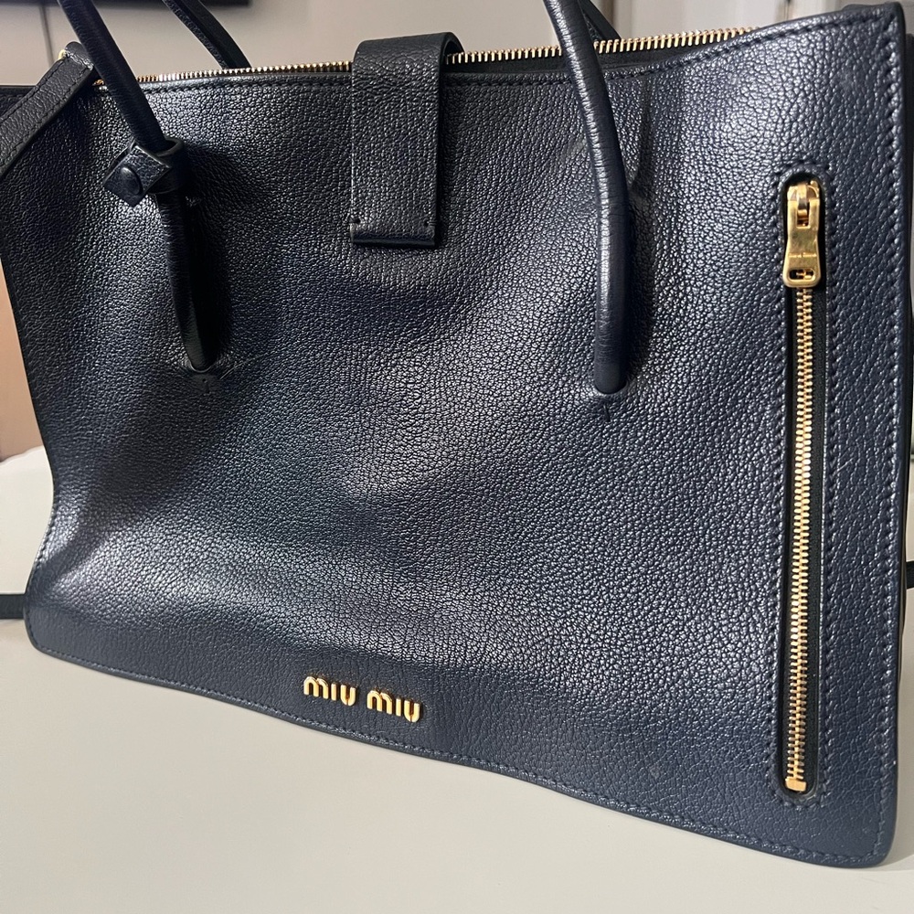 Miu Miu Navy Leather Tote with Gold Hardware